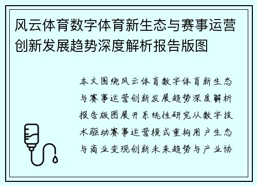 风云体育数字体育新生态与赛事运营创新发展趋势深度解析报告版图