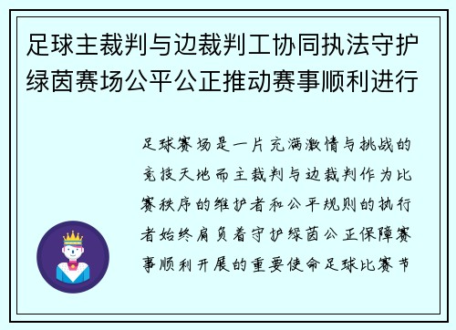足球主裁判与边裁判工协同执法守护绿茵赛场公平公正推动赛事顺利进行 足球主裁判与边裁判工协同执法守护绿茵赛场公平公正推动赛事顺利进行
